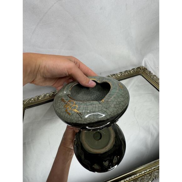 Somayaki Soma Ware Ashtrays Japanese Double Layer Crackle Gold Trim Horse Heart - Picture 5 of 10